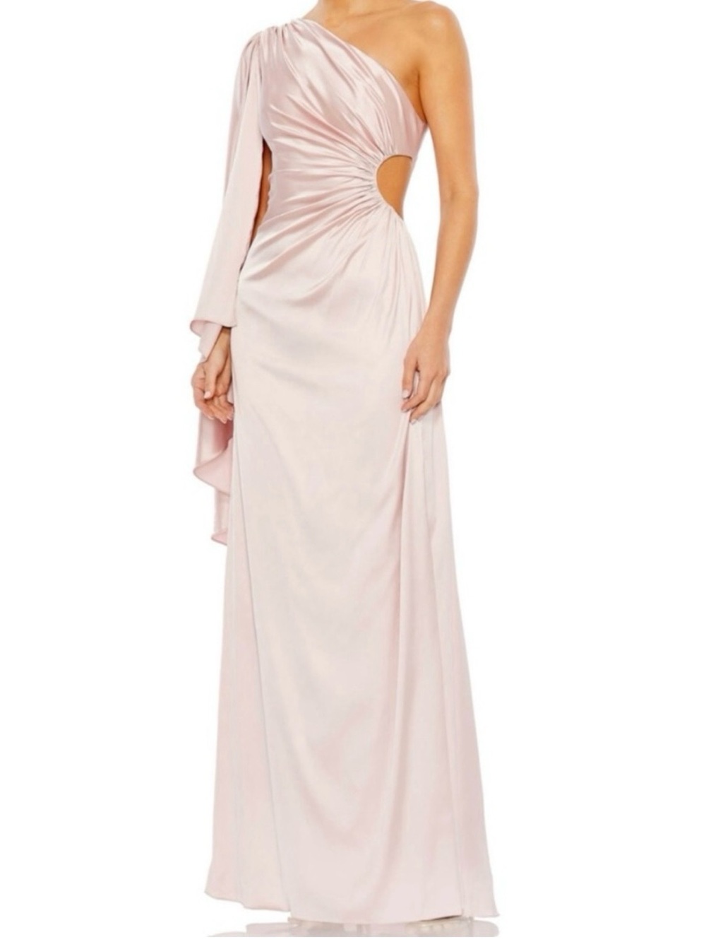 Mac Duggal Satin One Shoulder Bell Sleeve Draped Gown Pink Blush Side Cutout